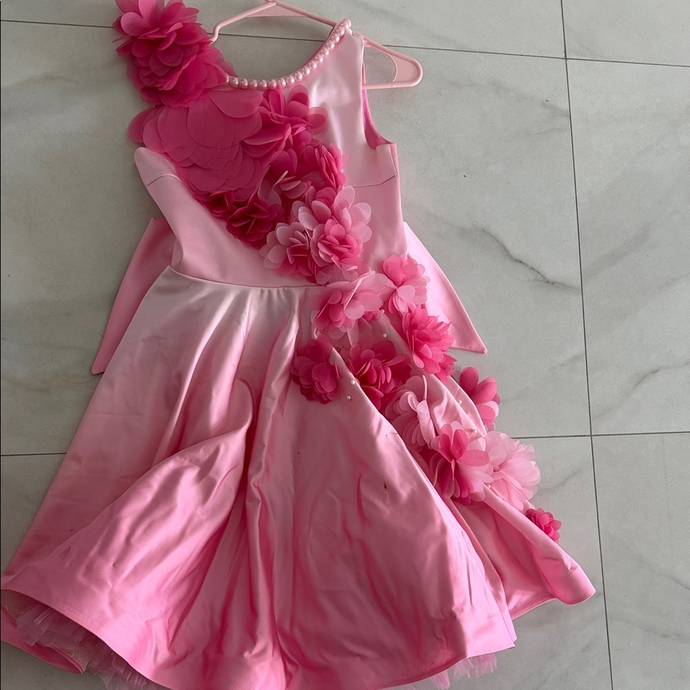 Elegant Pink Floral Appliqué Girls' Party Dress